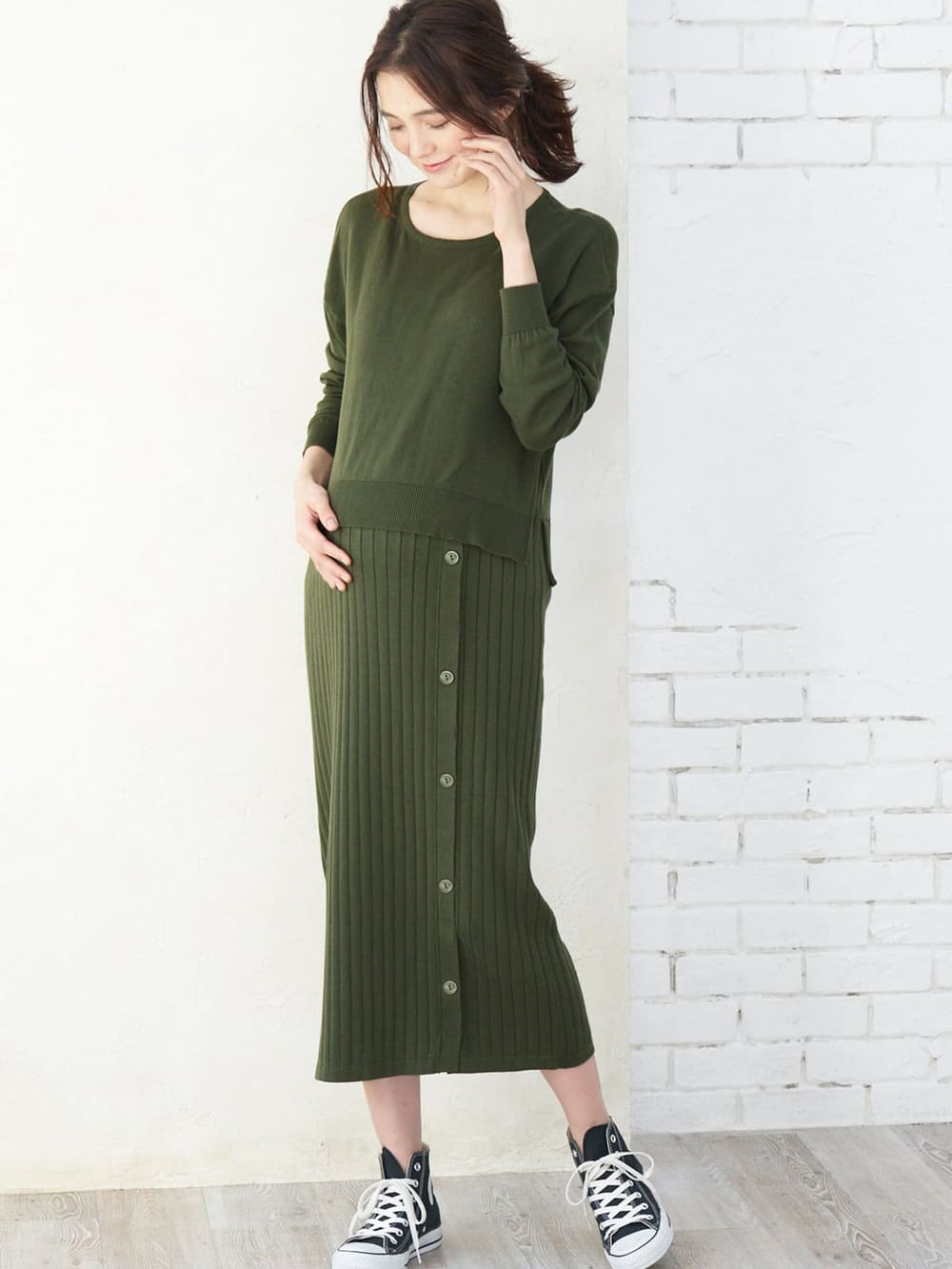 マタニティ ワンピース|レイヤード風ニットワンピース　マタニティ・授乳服【出産後も長く使える】|カーキ